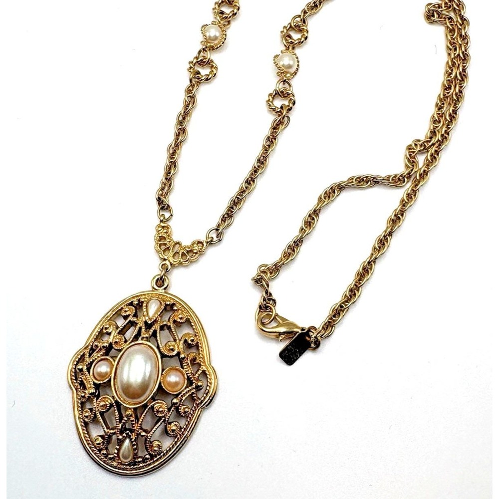 Vintage 1928 Faux Pearl Necklace Medallion Victorian Revival 25" Filigree